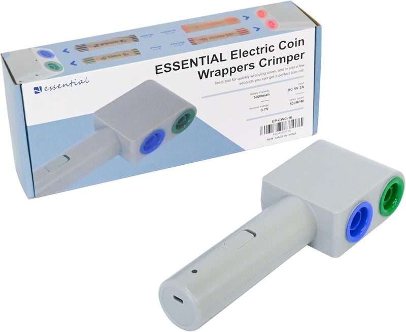 Essential Electric Coin Wrappers Crimper, Color Coded Coin Wrapper Crimping Tool, Includes 16 Assorted Preformed Coin Roll Wrappers - Image 1